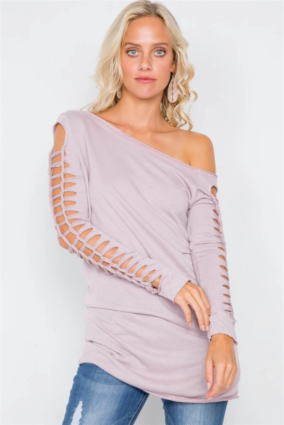 Mauve Cold-Shoulder Cut Out Braided Long Sleeve Tunic /2-2-2