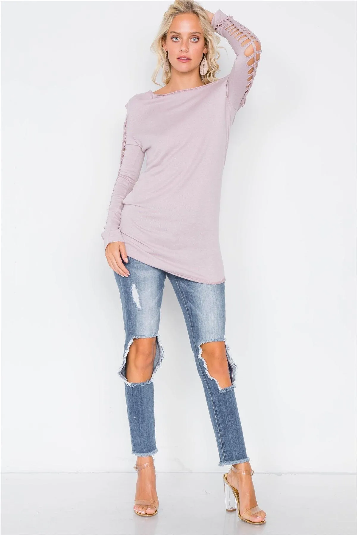 Mauve Cold-Shoulder Cut Out Braided Long Sleeve Tunic /2-2-2