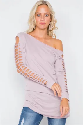 Mauve Cold-Shoulder Cut Out Braided Long Sleeve Tunic /2-2-2