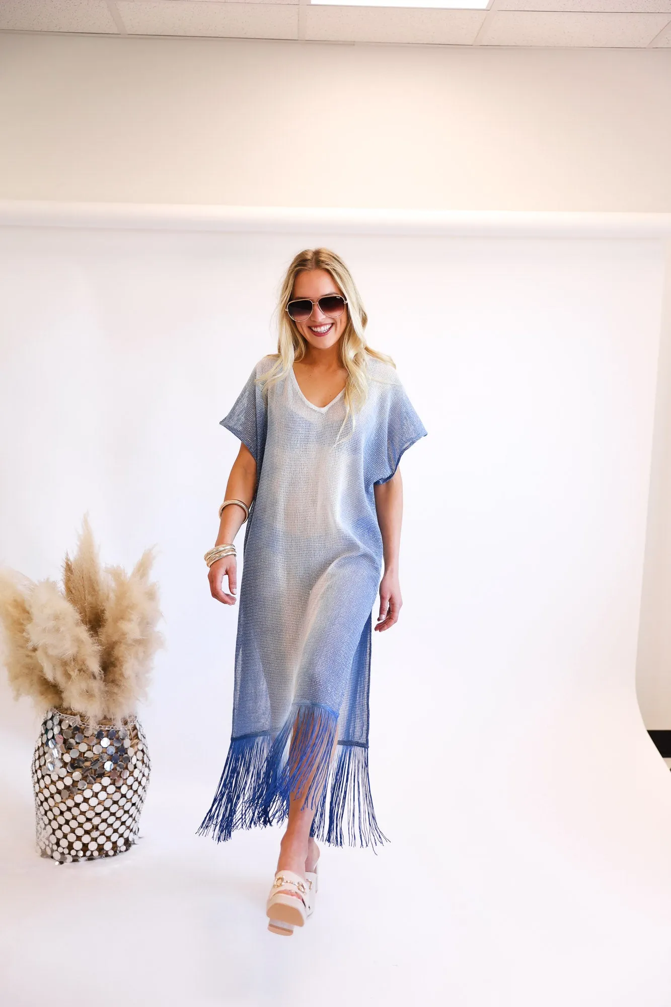 Metallic Mesh Knit Cover Up in Blue