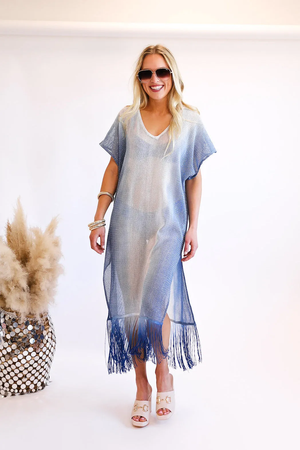 Metallic Mesh Knit Cover Up in Blue