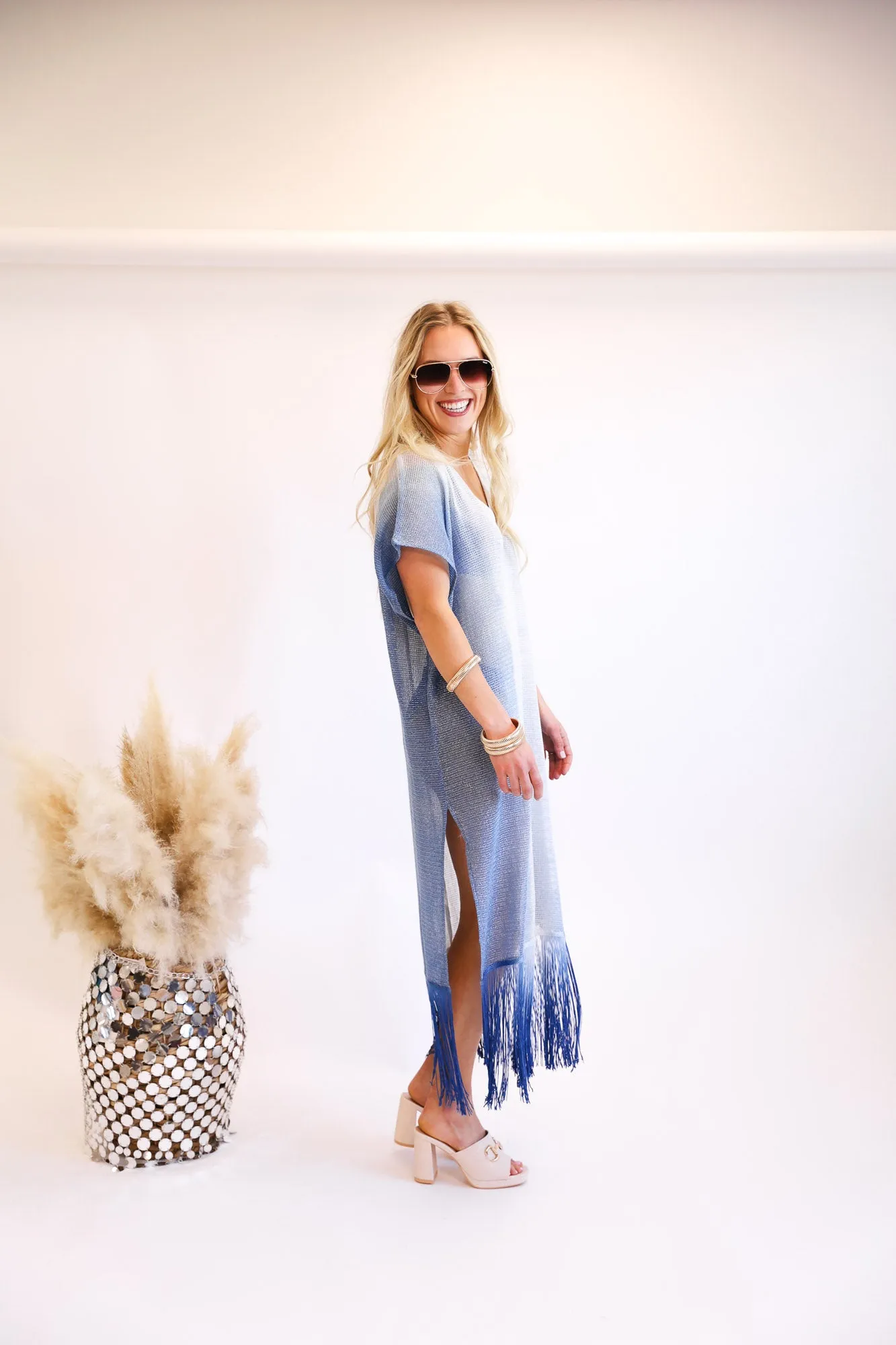 Metallic Mesh Knit Cover Up in Blue