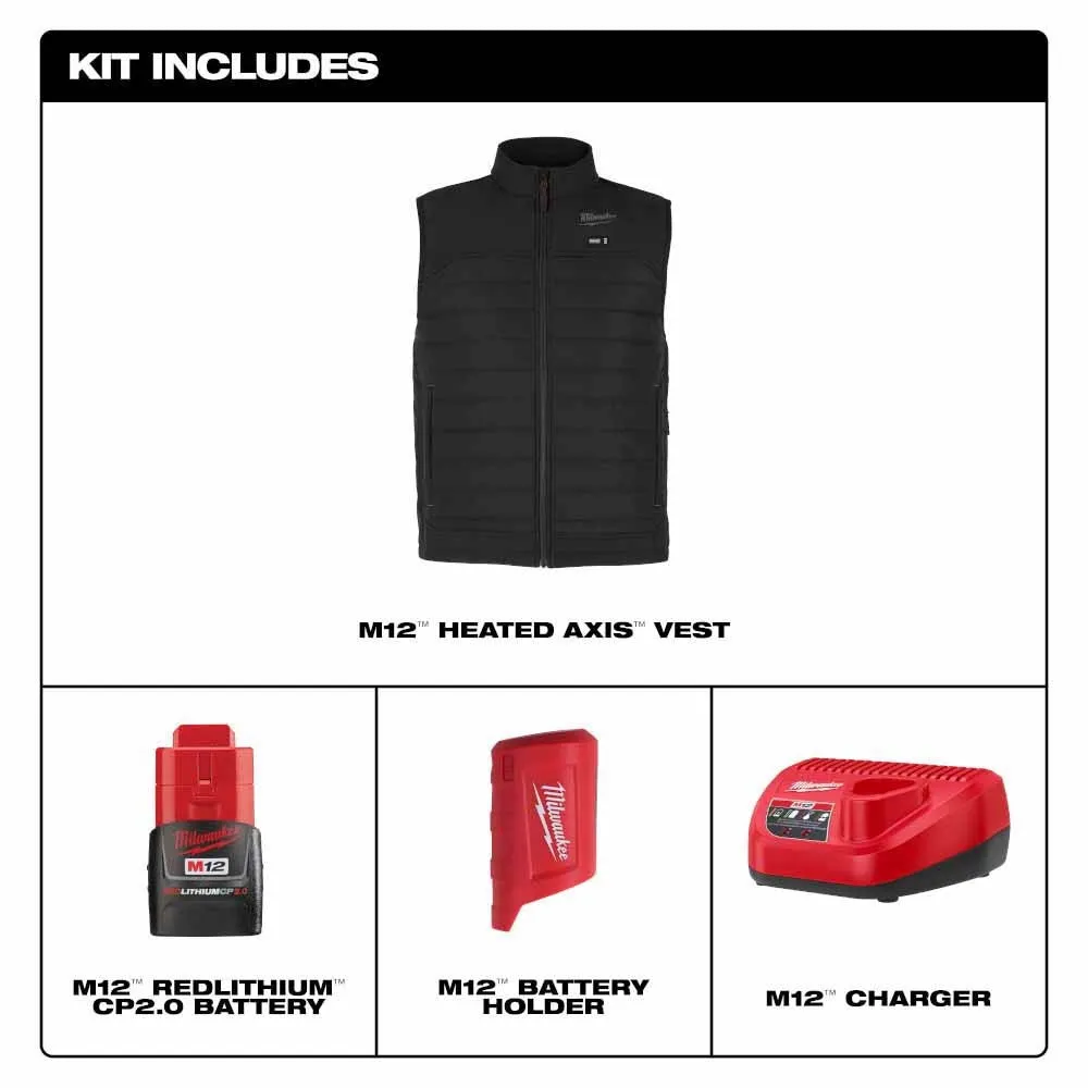 Milwaukee M300B-21 M12 Heated Black Axis Vest with (1) 2.0 Ah Battery and Charger