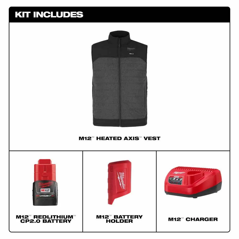 Milwaukee M300G-21 M12 Heated Gray Axis Vest with (1) 3.0 Ah Battery and Charger