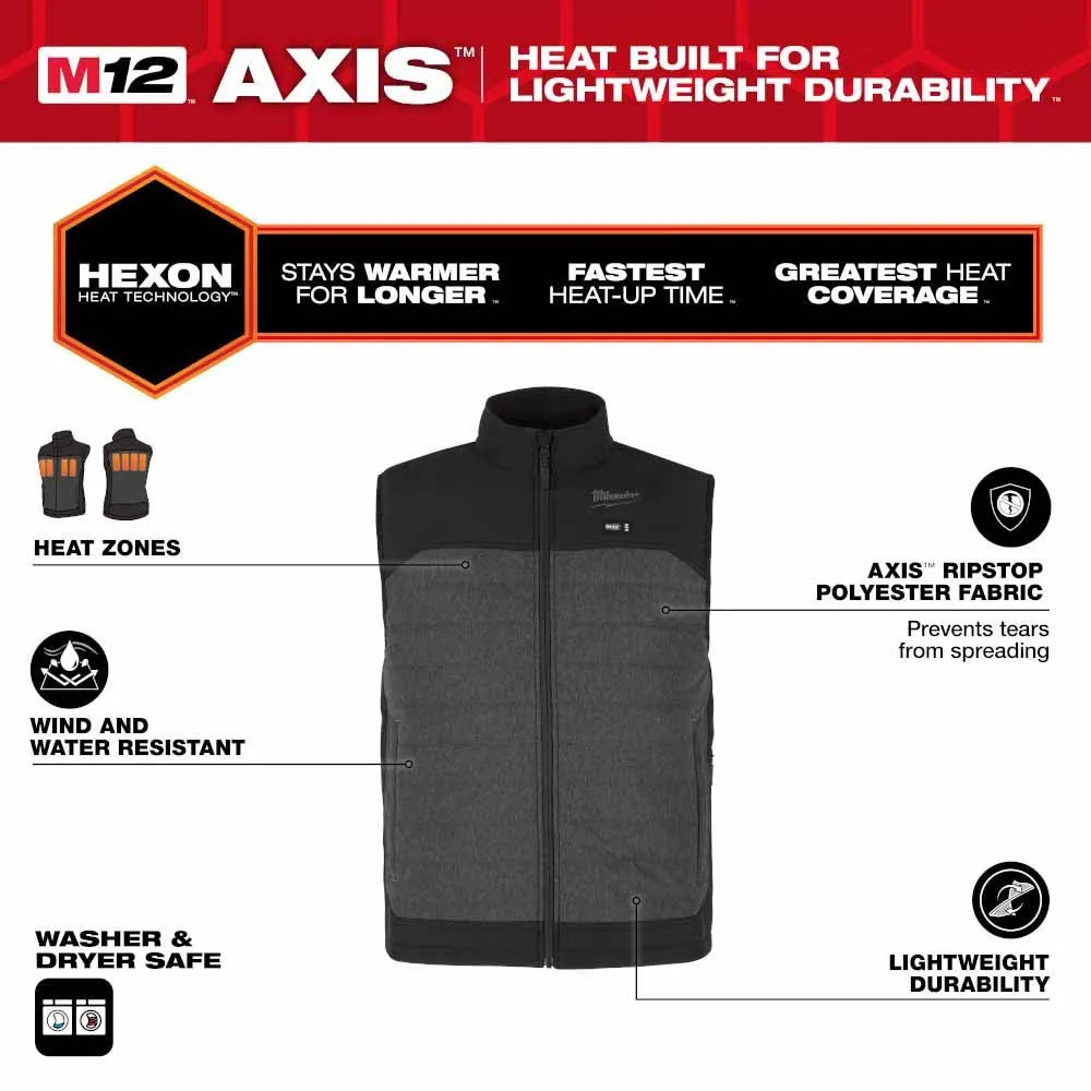 Milwaukee M300G-21 M12 Heated Gray Axis Vest with (1) 3.0 Ah Battery and Charger