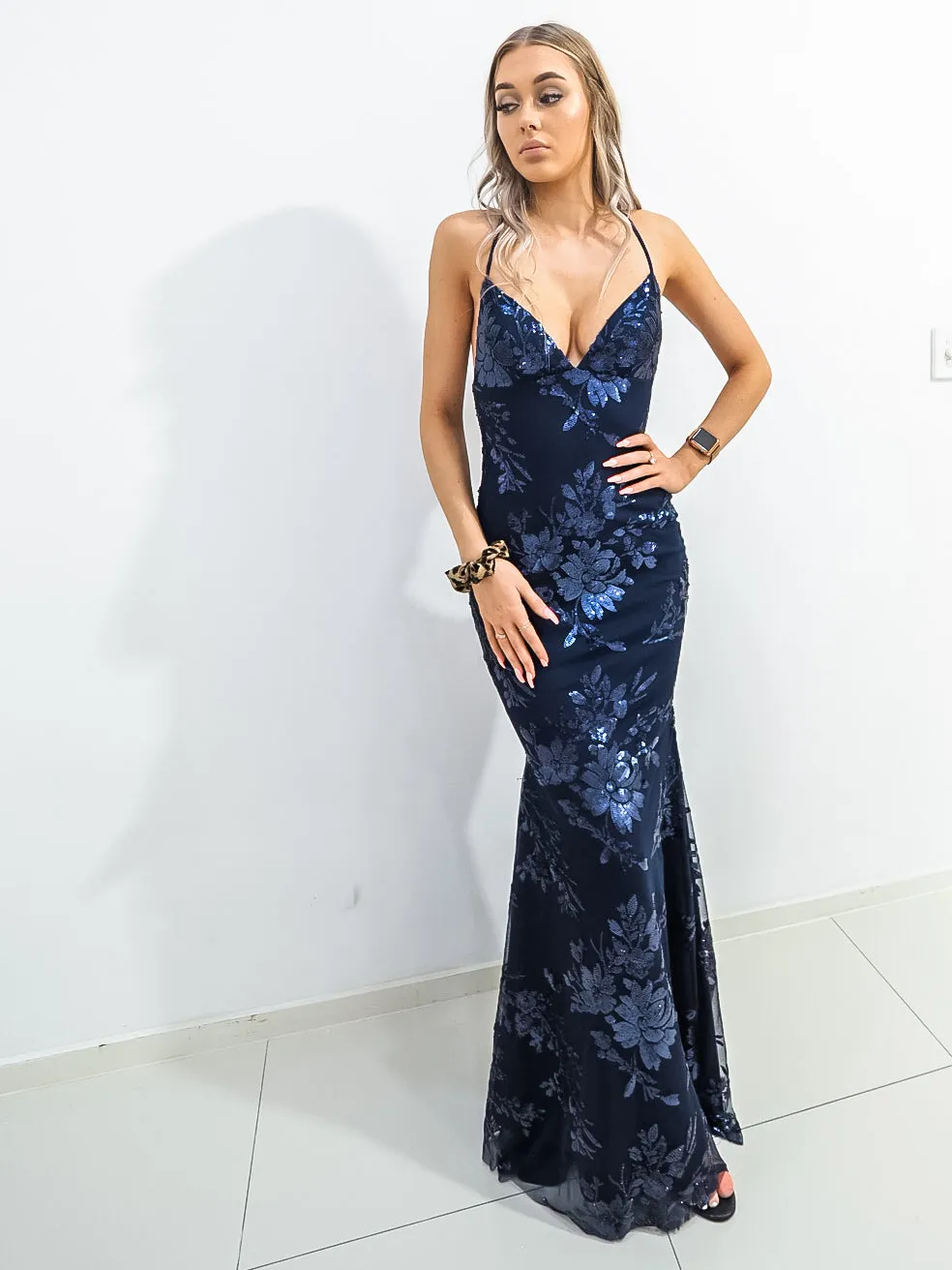 Navy Blue Sparkling lace criss-cross back mermaid dress (old style)