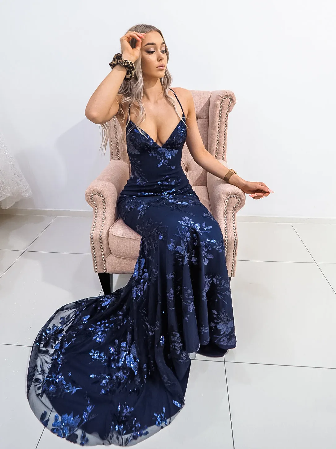 Navy Blue Sparkling lace criss-cross back mermaid dress (old style)