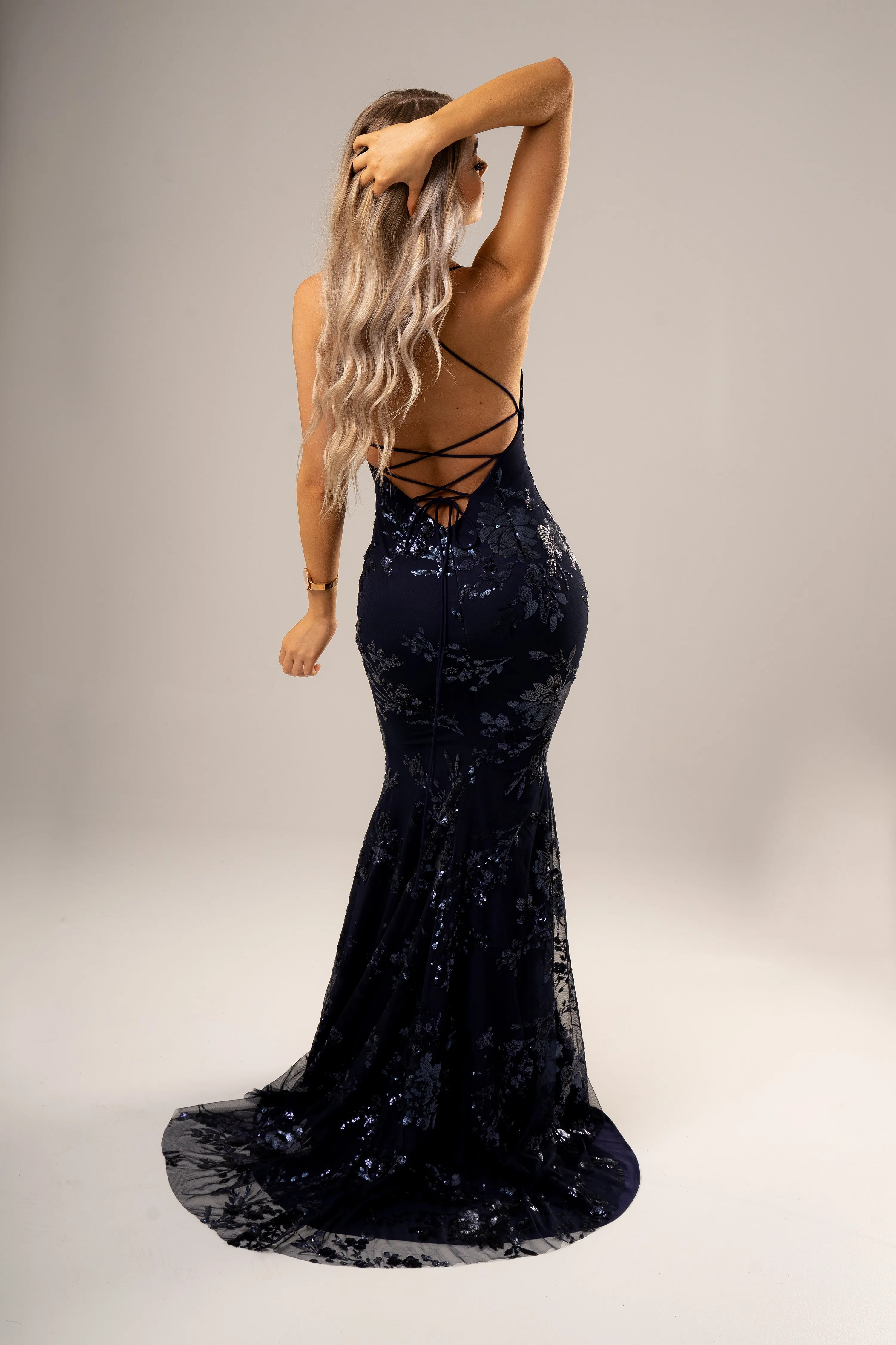 Navy Blue Sparkling lace criss-cross back mermaid dress (old style)