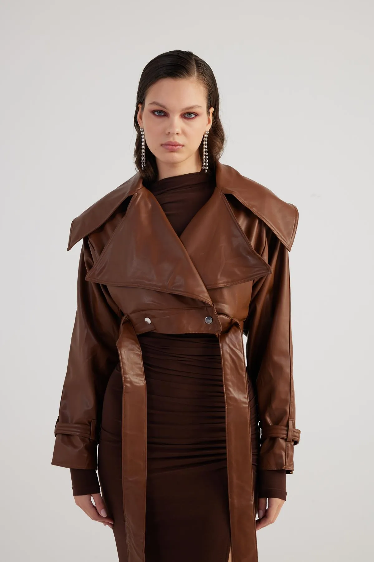 Neeko Chocolate Faux Leather Cropped Jacket