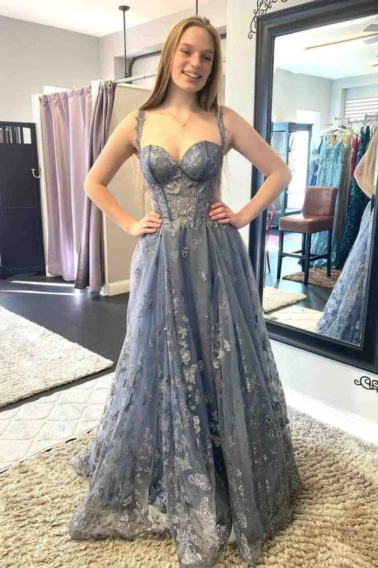 Off Shoulder Smoke Gray Lace Long Prom Dress, Smoke Gray Lace Formal Graduation Evening Dress      fg5035