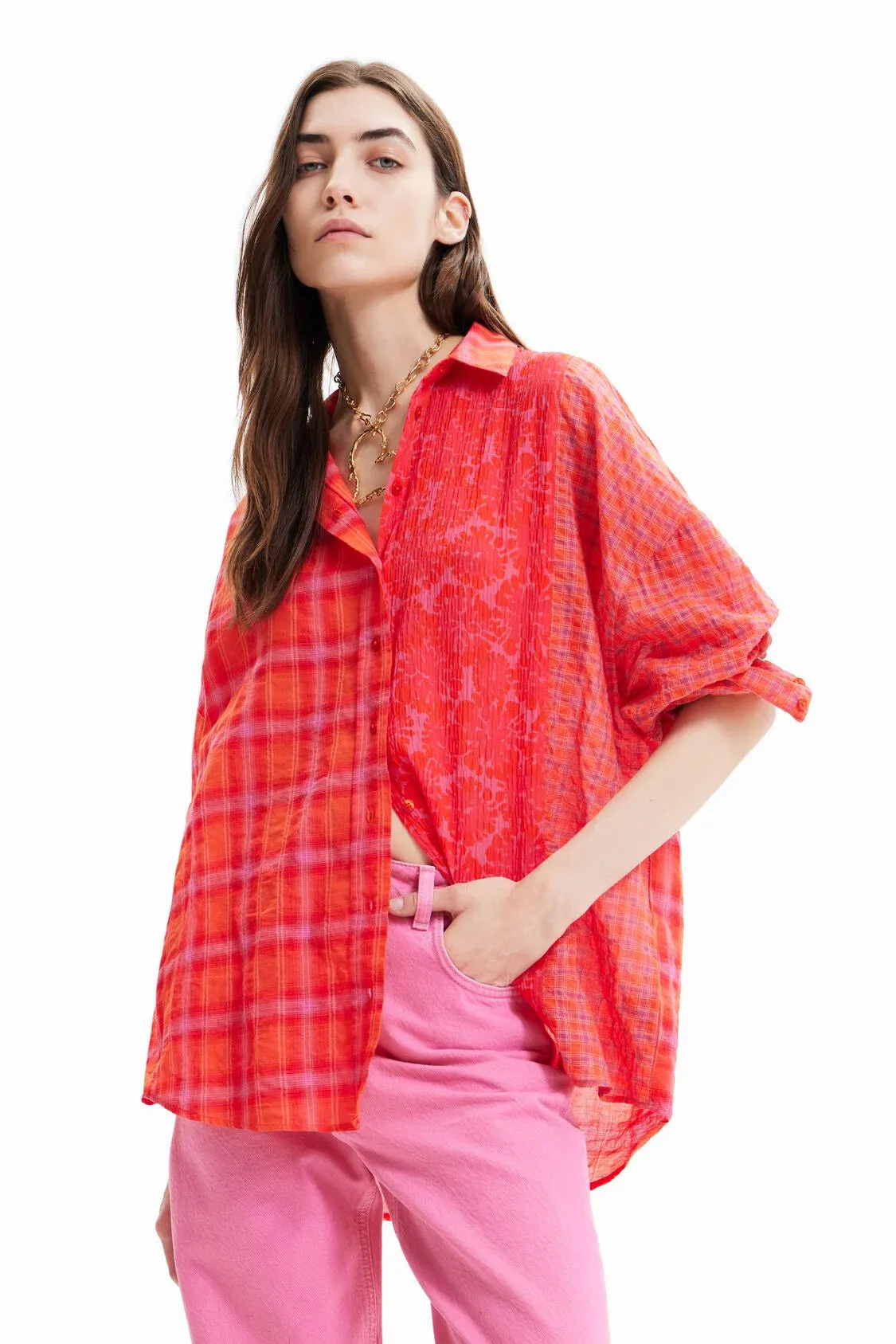 Oversize patchwork plaid shirt- women