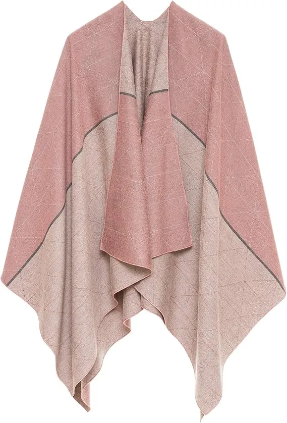 Pink-Gray Luxurious Knit Sweater Poncho Cardigan