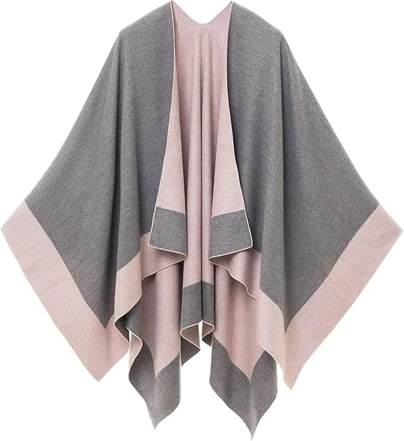 Pink-Gray Luxurious Knit Sweater Poncho Cardigan