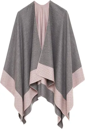 Pink-Gray Luxurious Knit Sweater Poncho Cardigan