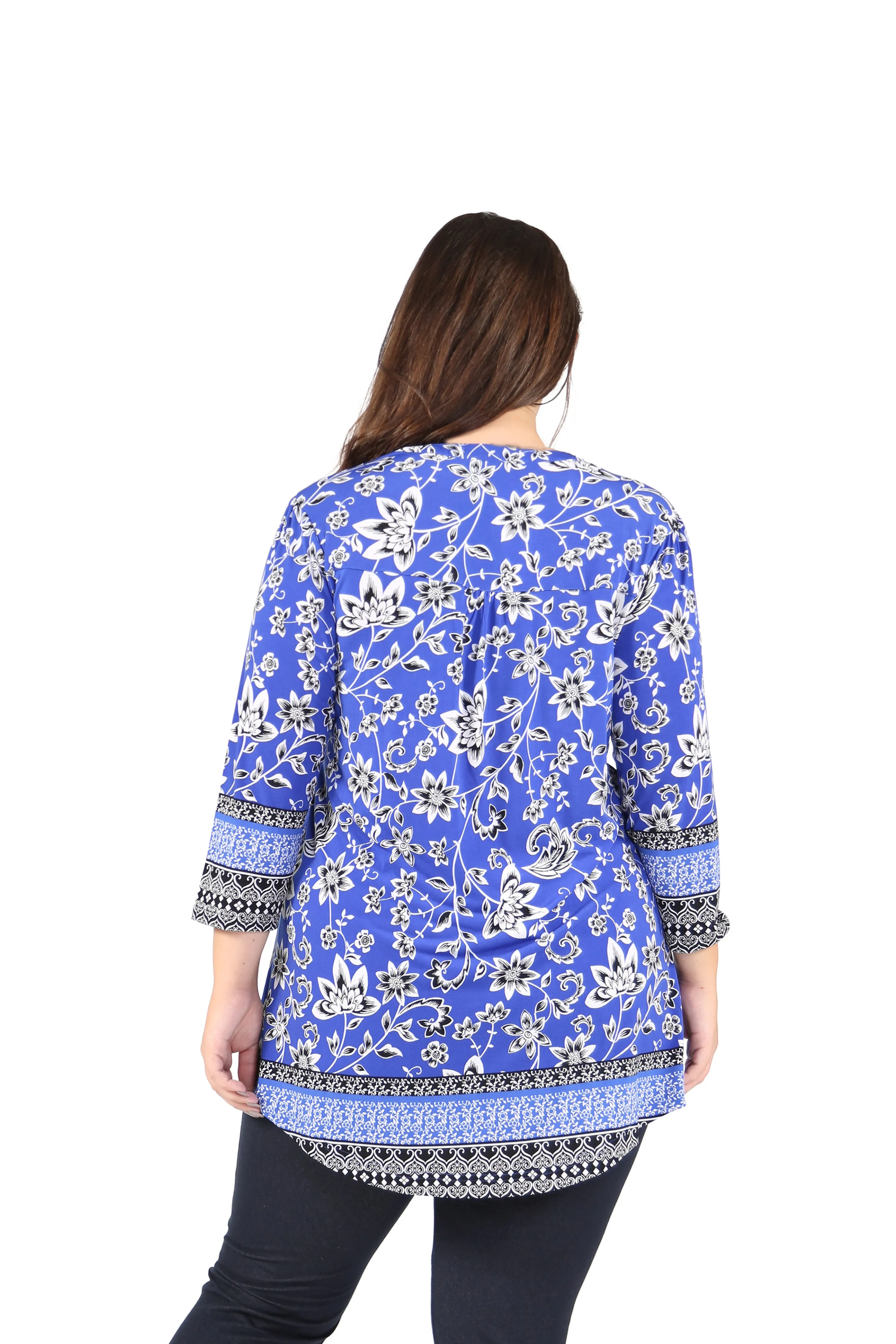 Plus Size La Cera Pleat Front Printed Tunic With Border Print