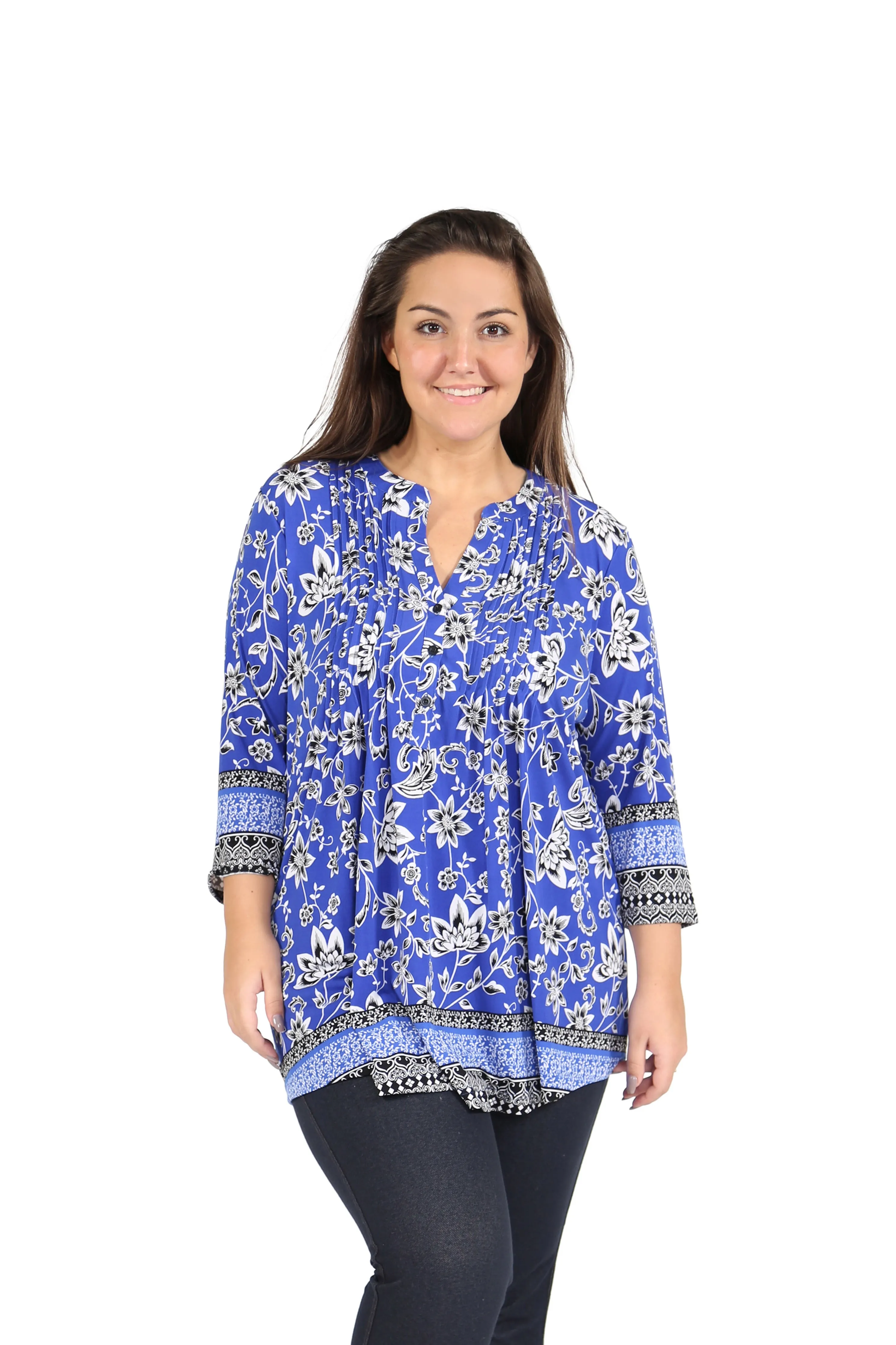 Plus Size La Cera Pleat Front Printed Tunic With Border Print