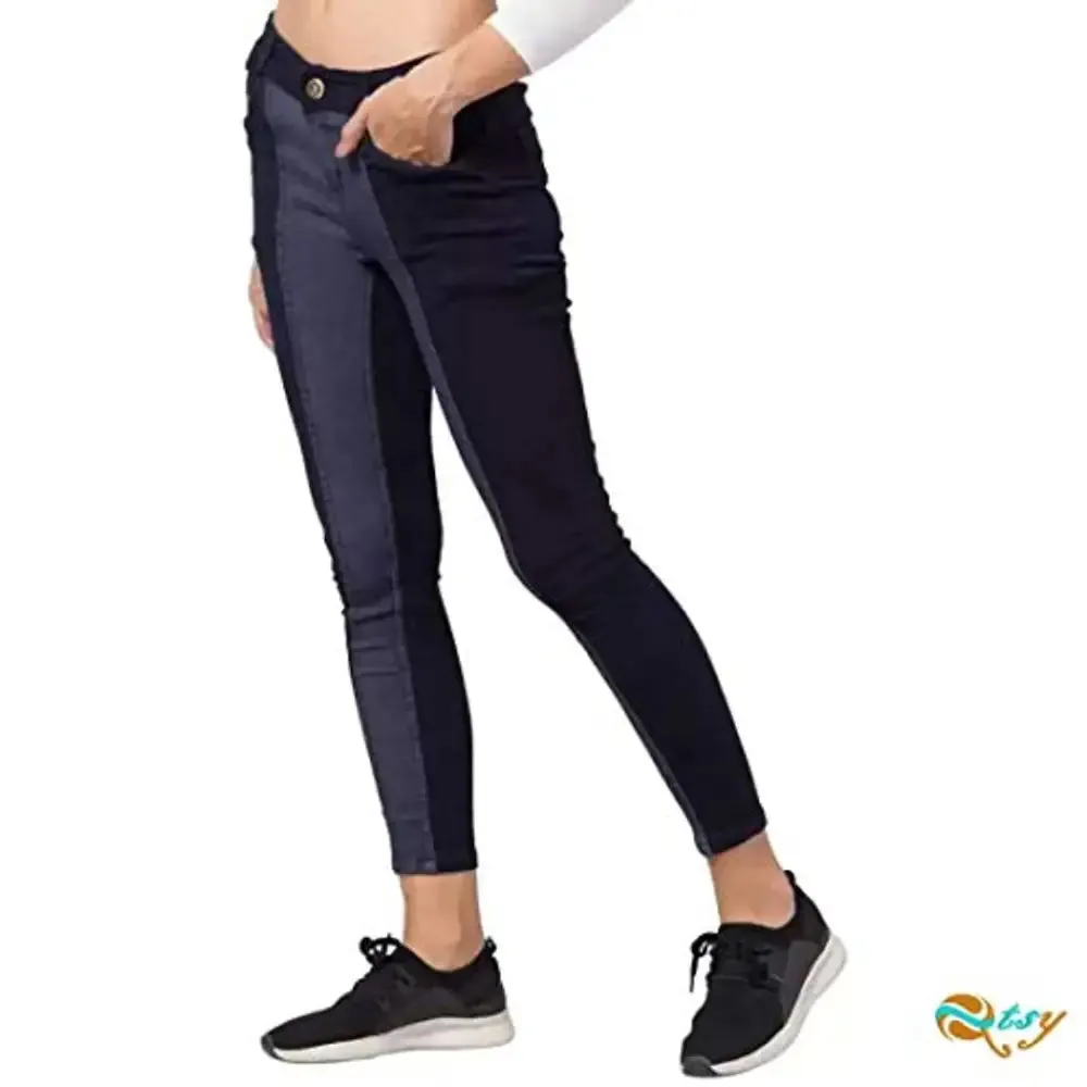 Qtsy Women's Slim Fit Jeans Washed Dual Tone Color Denim