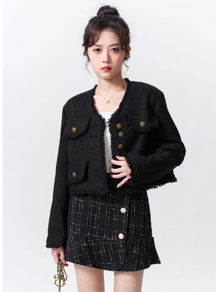 Raw-Edge Tweed Cropped Jacket