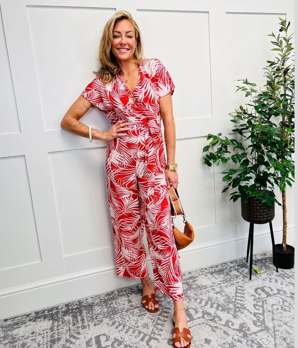 Red Print Wrap Belted Jumpsuit