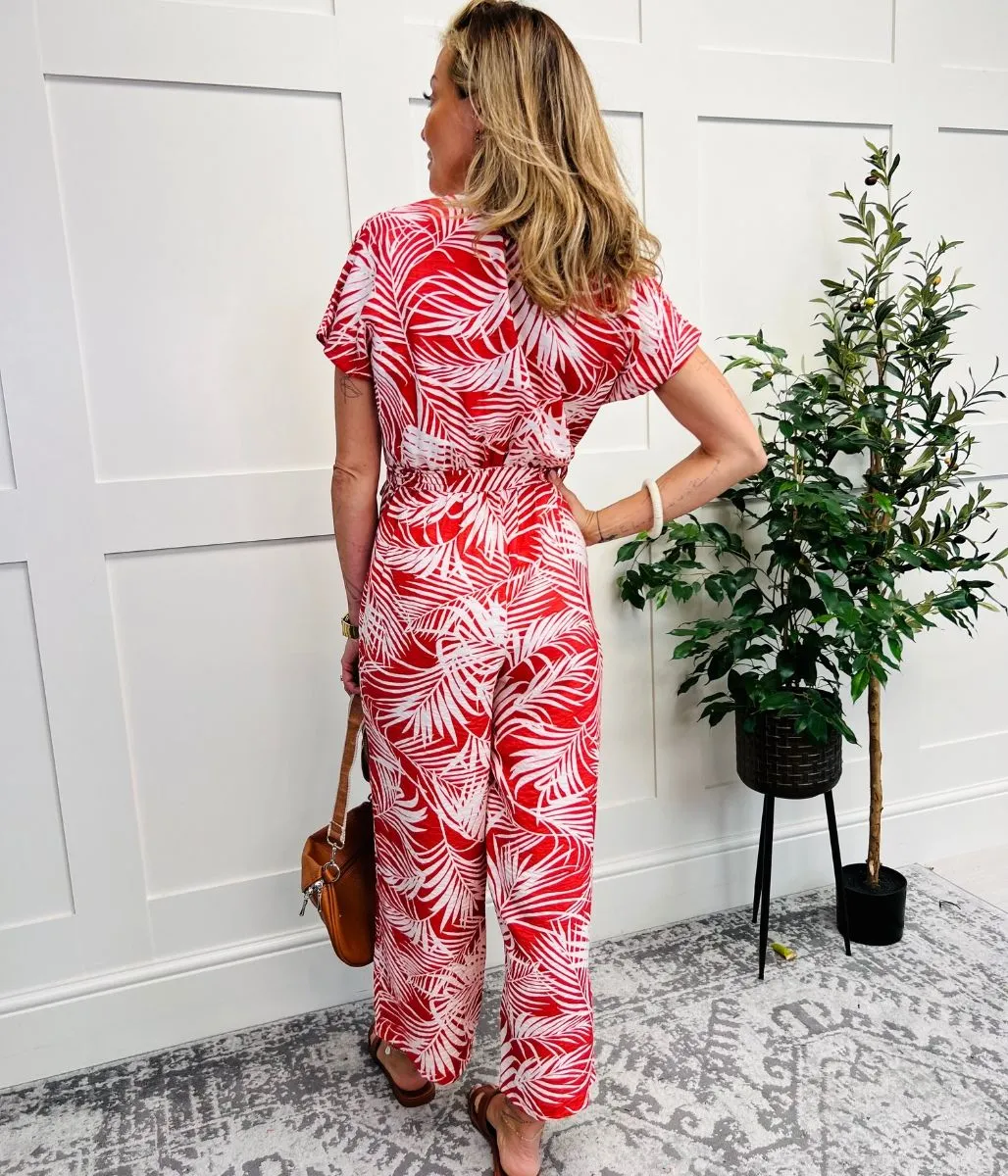 Red Print Wrap Belted Jumpsuit