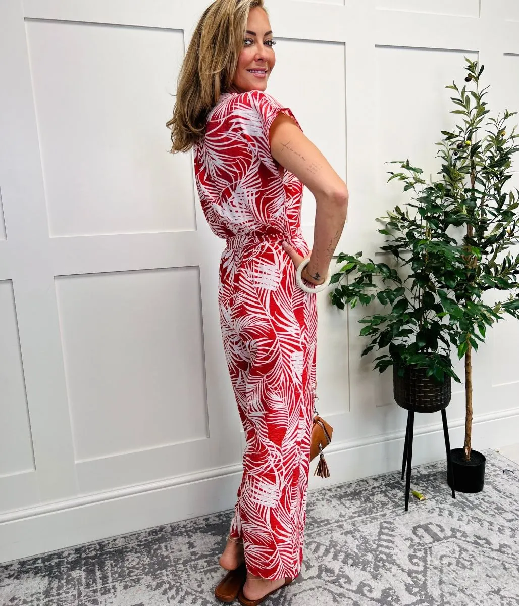 Red Print Wrap Belted Jumpsuit