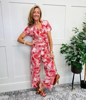 Red Print Wrap Belted Jumpsuit