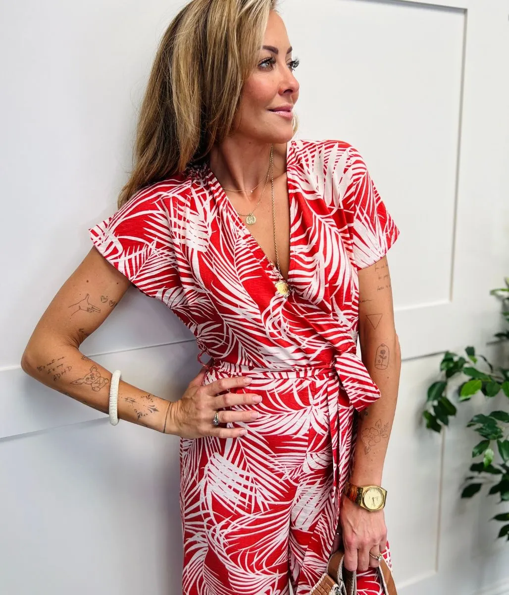 Red Print Wrap Belted Jumpsuit