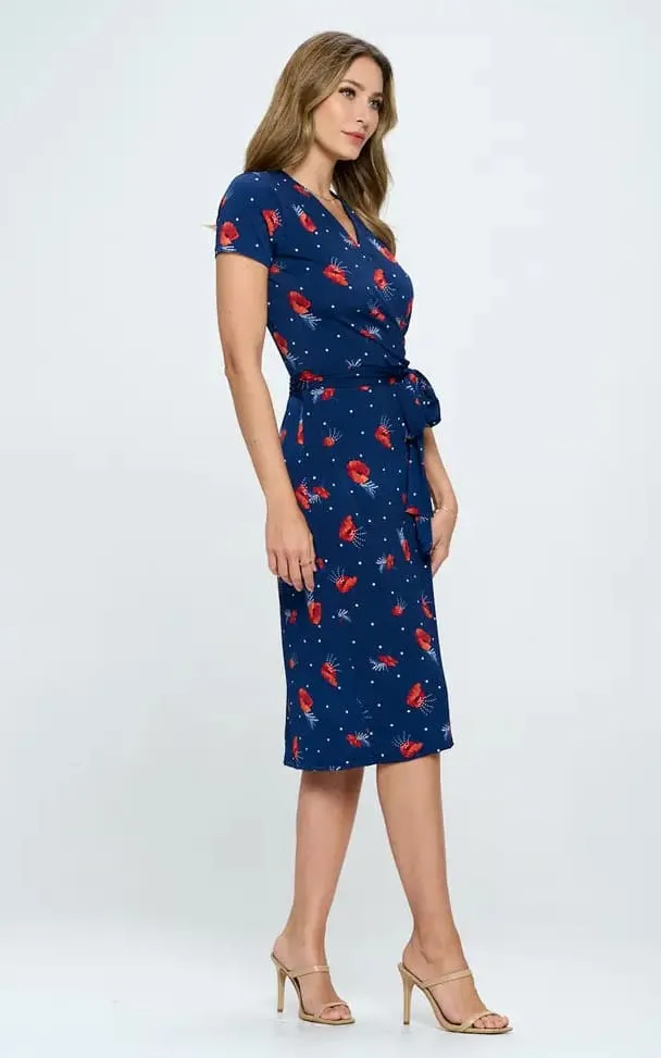 Renee C- Floral Print V Neck Wrap Dress with Tie