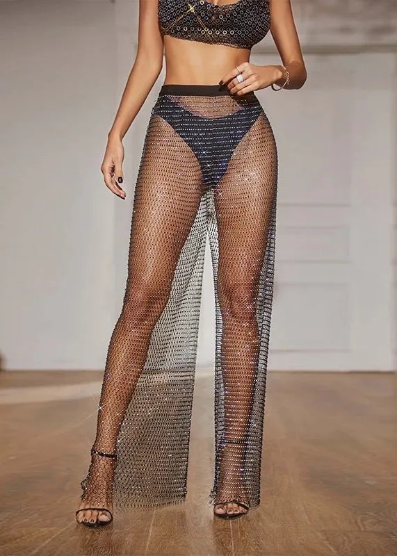 Rhinestone Fishnet Wide-Legs Sheer Pants