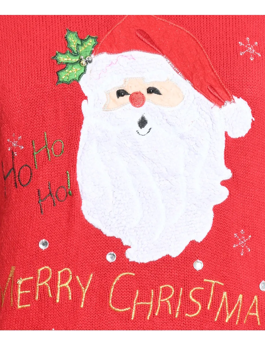 Santa Claus Design Red Embroidered Knit Christmas Jumper - XL