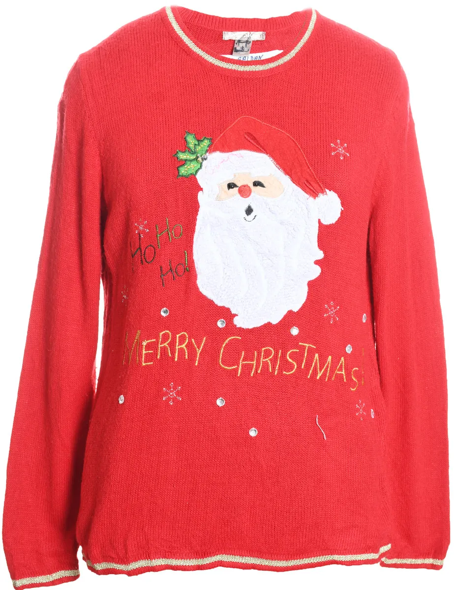 Santa Claus Design Red Embroidered Knit Christmas Jumper - XL