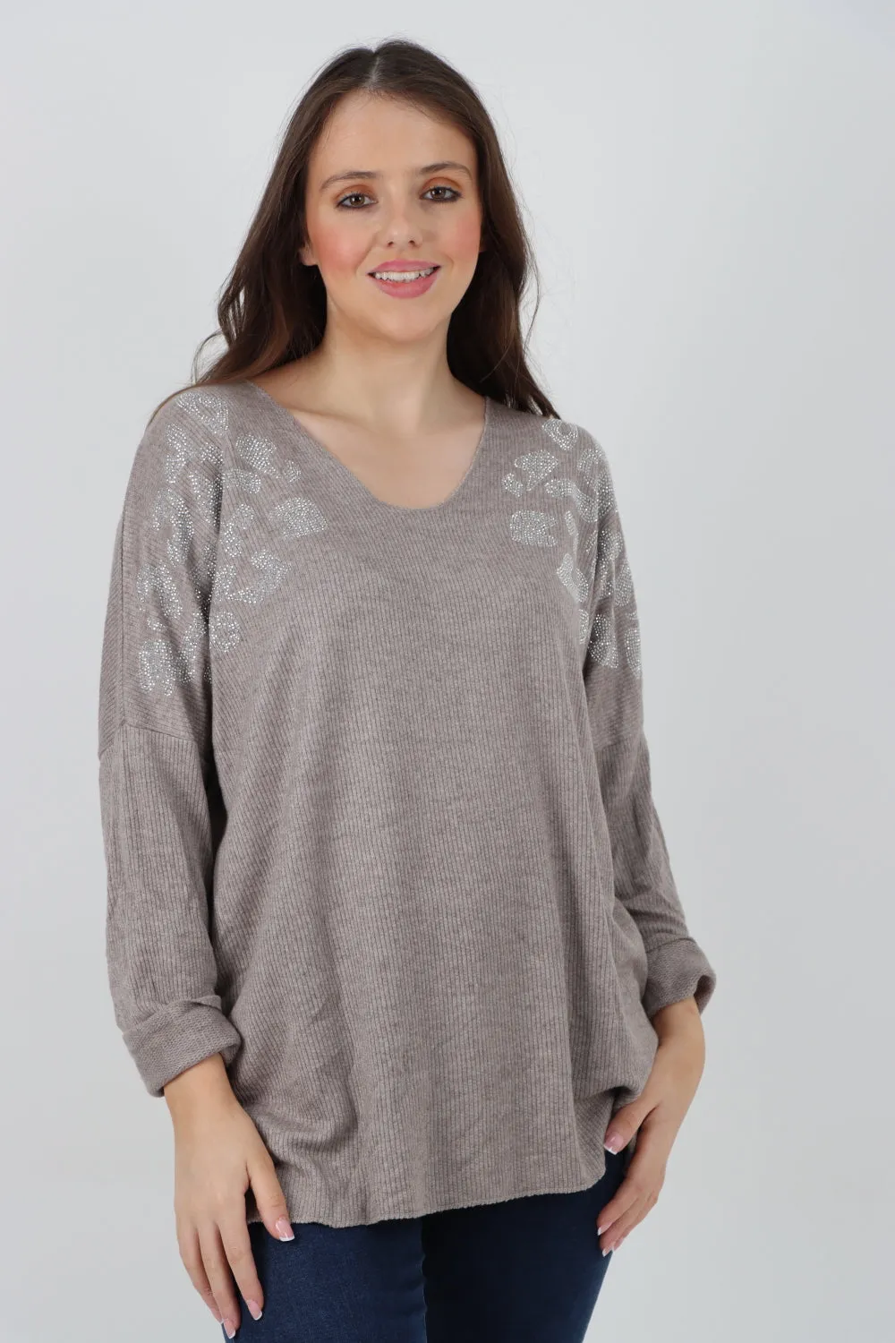 Sequin Detail On Shoulder Soft Knit Jumper Top