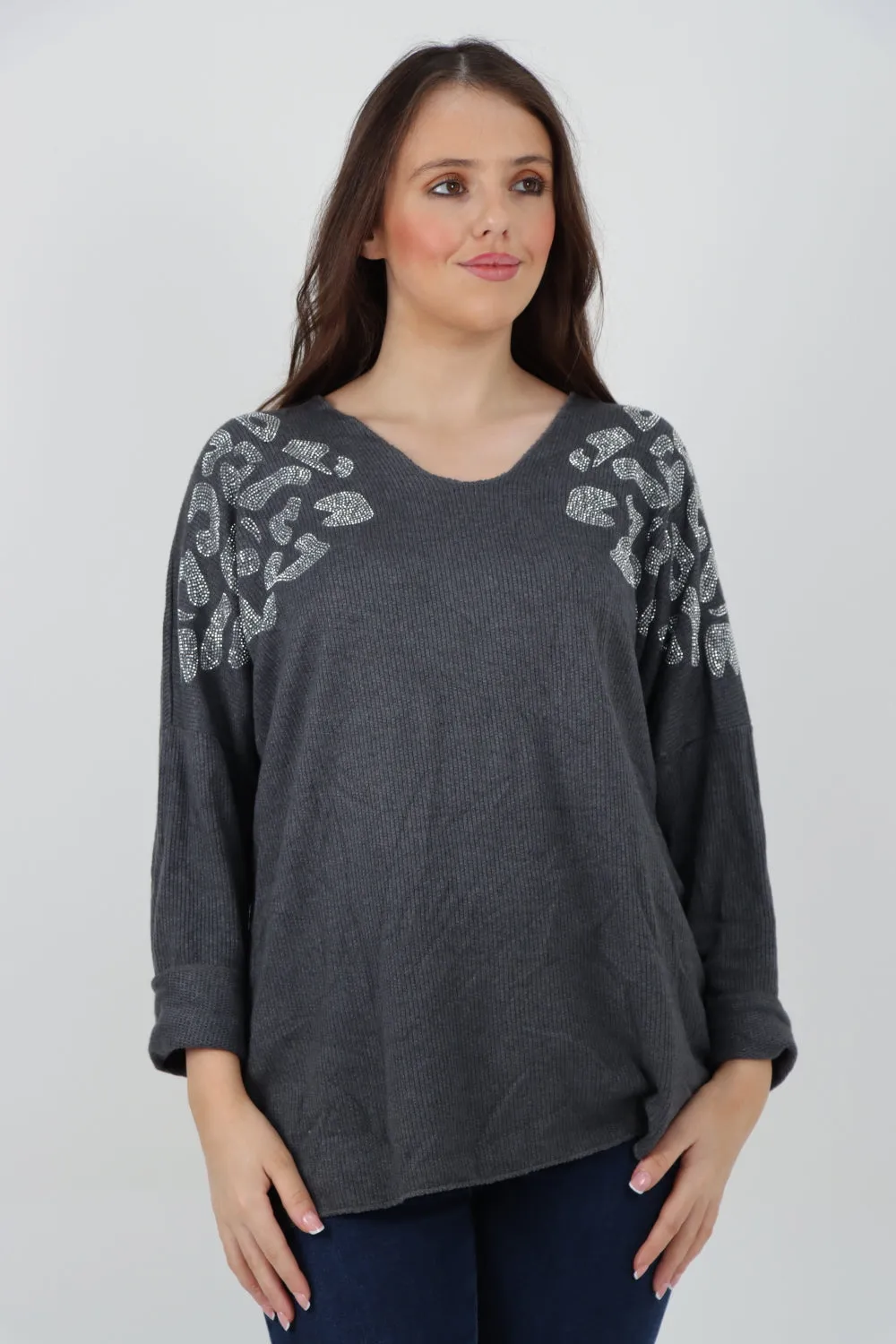 Sequin Detail On Shoulder Soft Knit Jumper Top