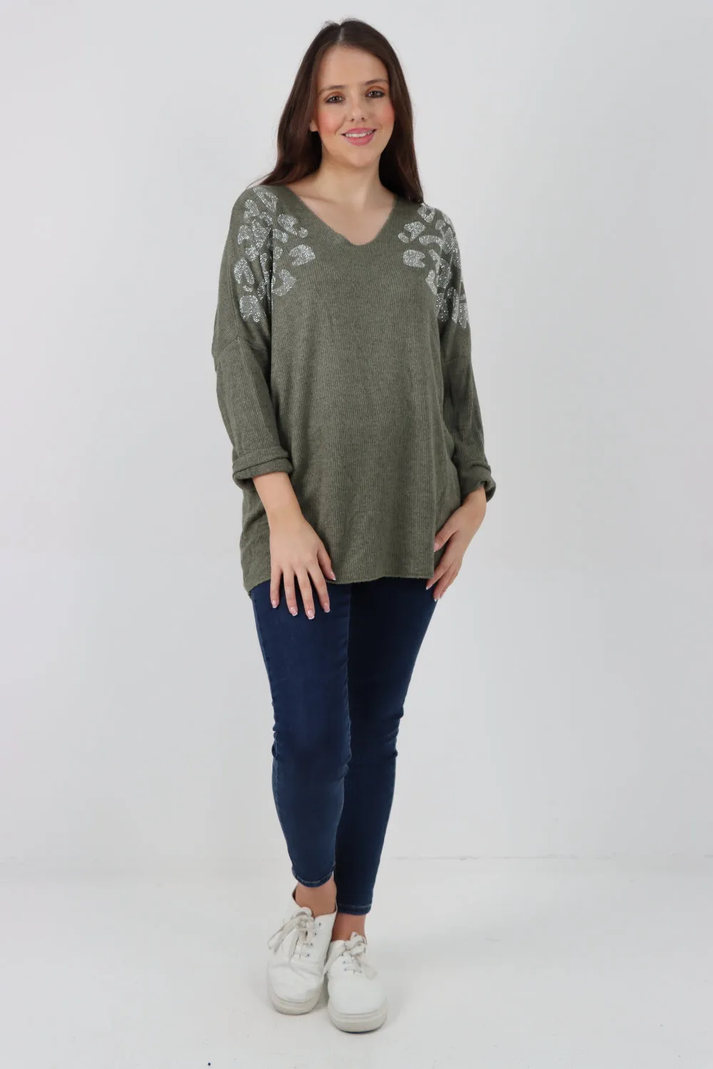 Sequin Detail On Shoulder Soft Knit Jumper Top