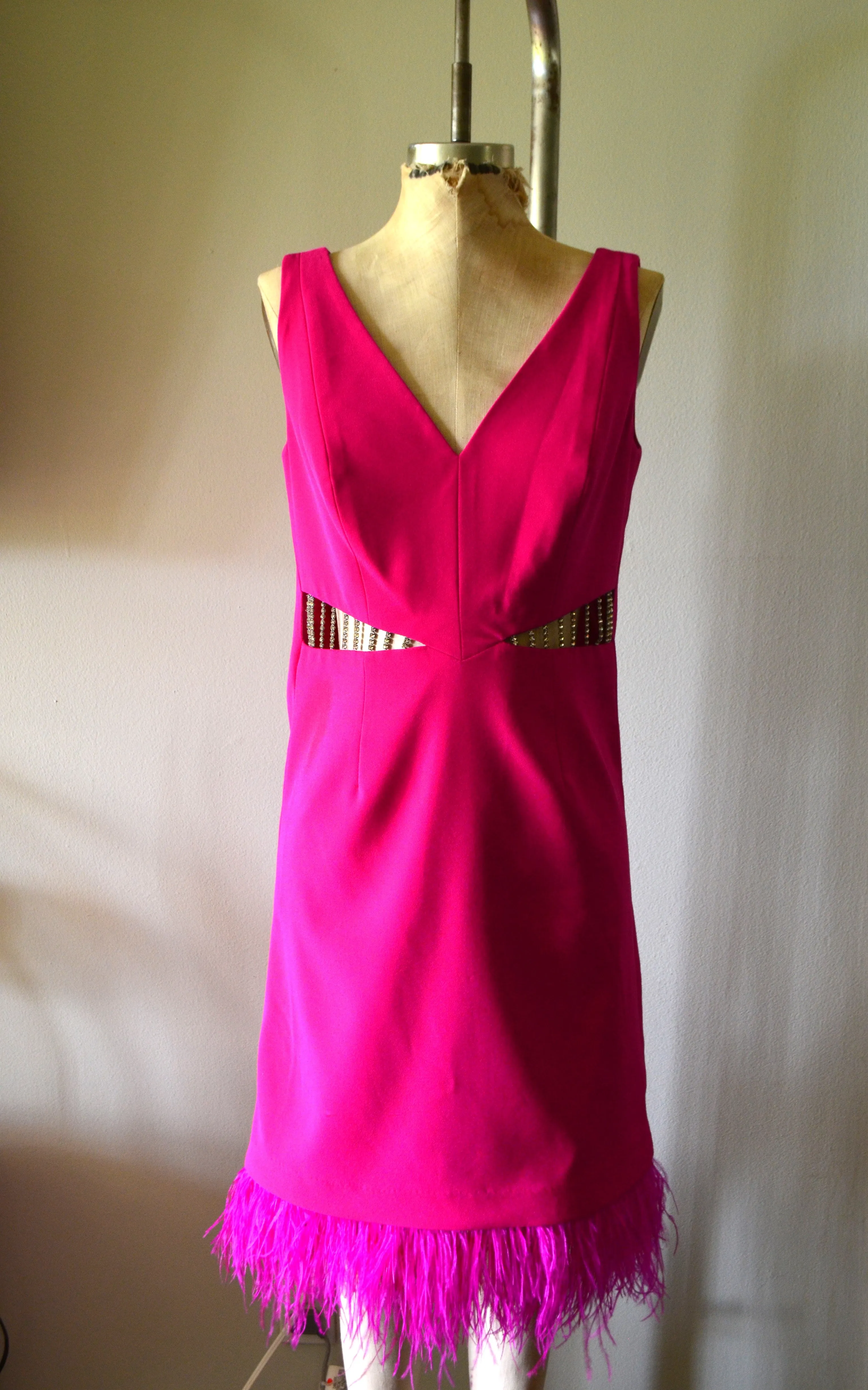 Sexy Pink Feather Dress Fuchsia Empire Waist Open Front Crystal Chain