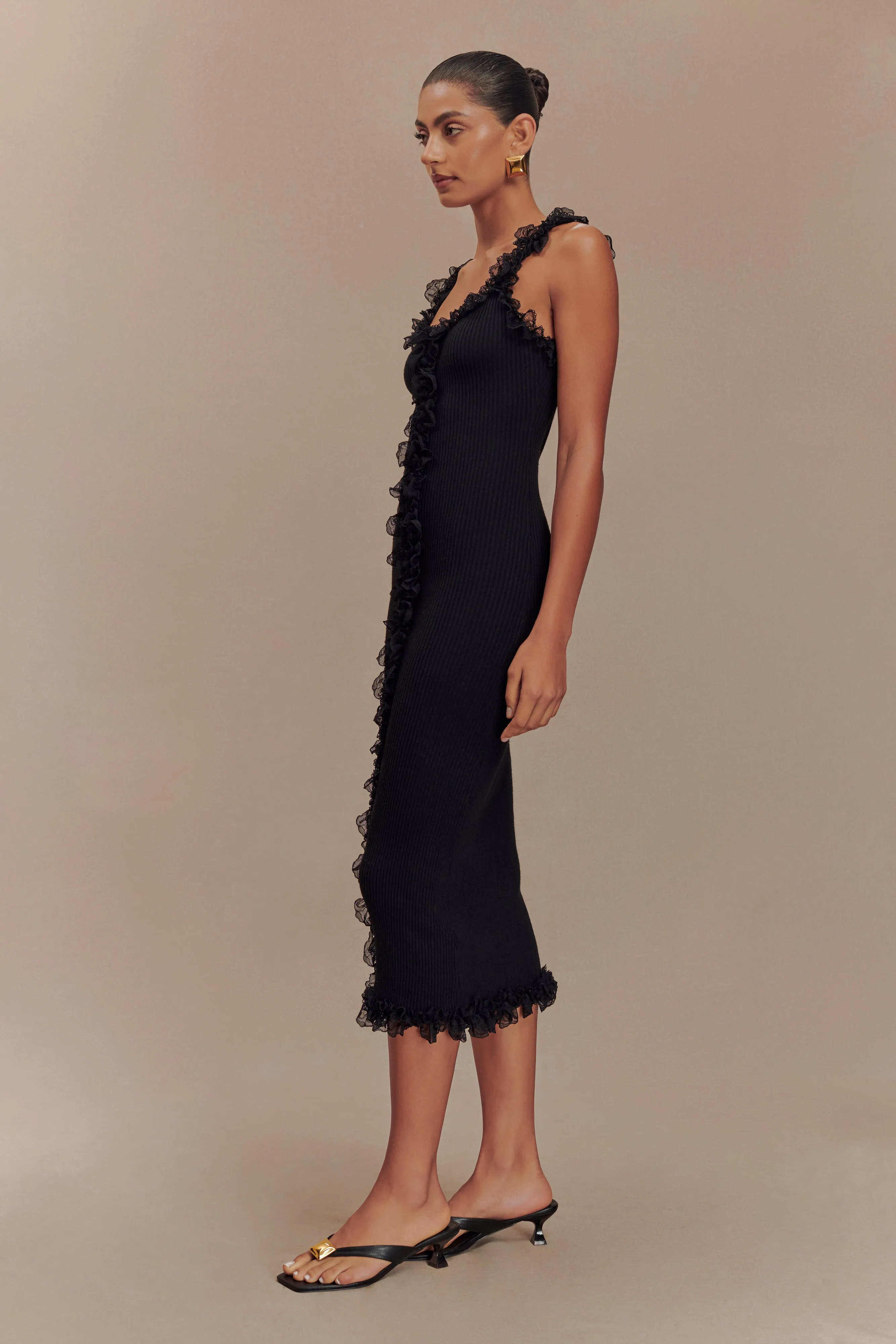 Shay Lace Ruffle Knit Maxi Dress - Black