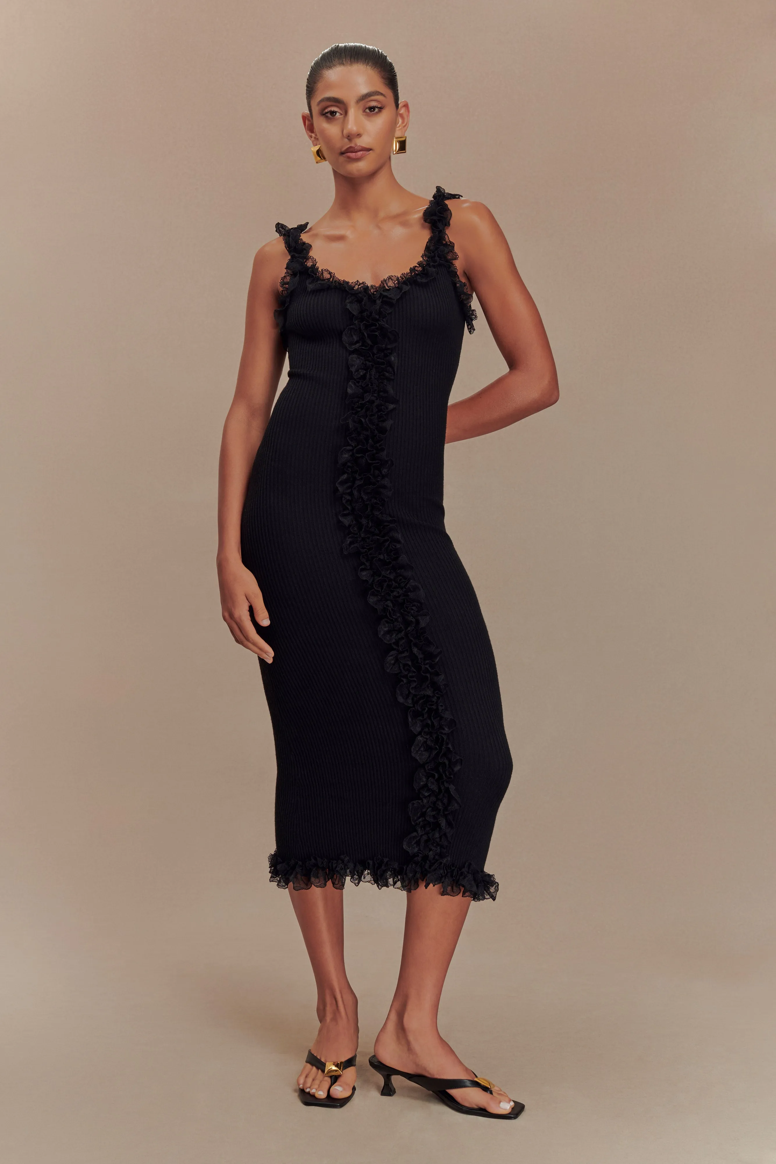 Shay Lace Ruffle Knit Maxi Dress - Black