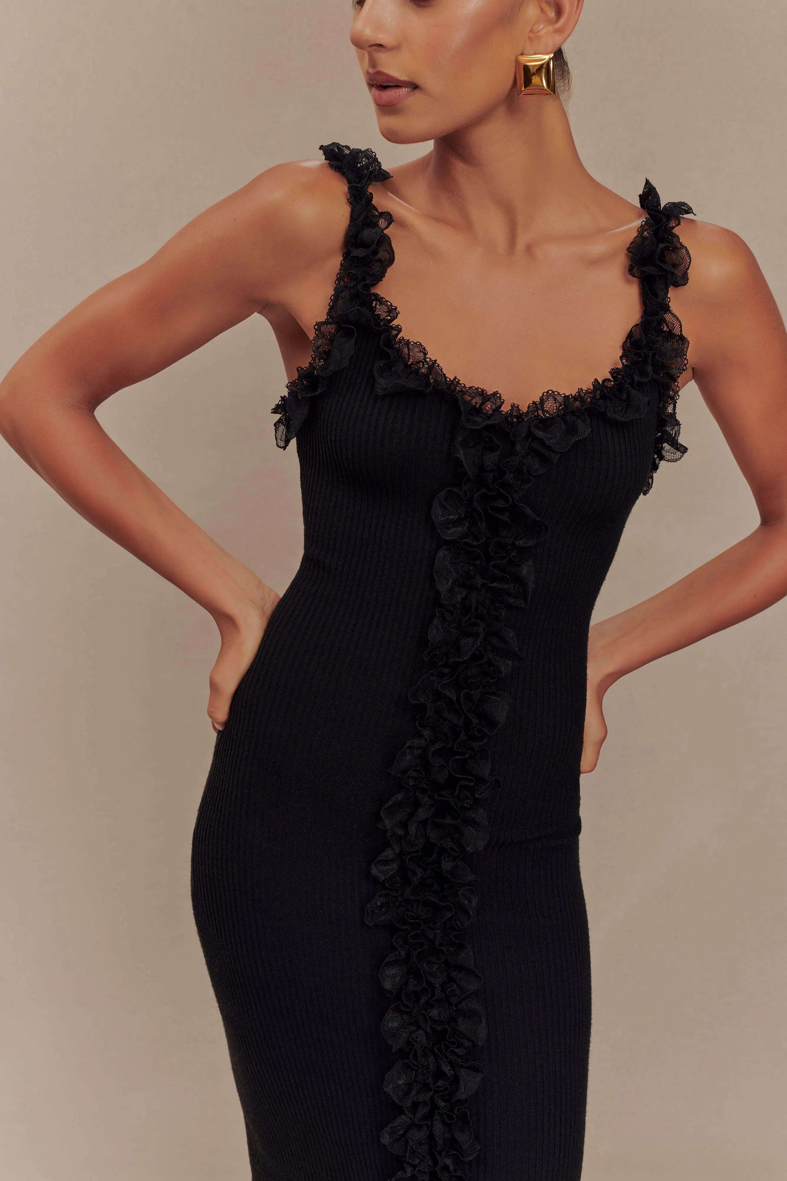 Shay Lace Ruffle Knit Maxi Dress - Black