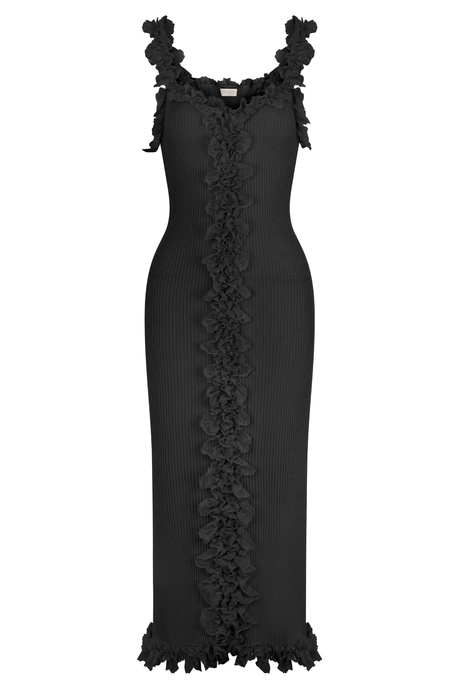 Shay Lace Ruffle Knit Maxi Dress - Black