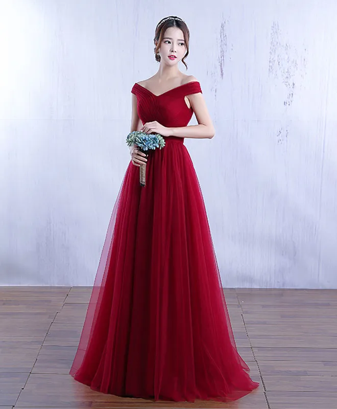 Simple V Neck Tulle A Line Long Prom Dress, Evening Dress