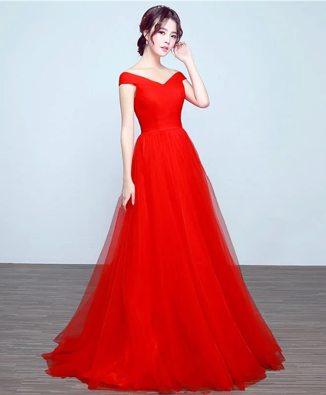 Simple V Neck Tulle A Line Long Prom Dress, Evening Dress