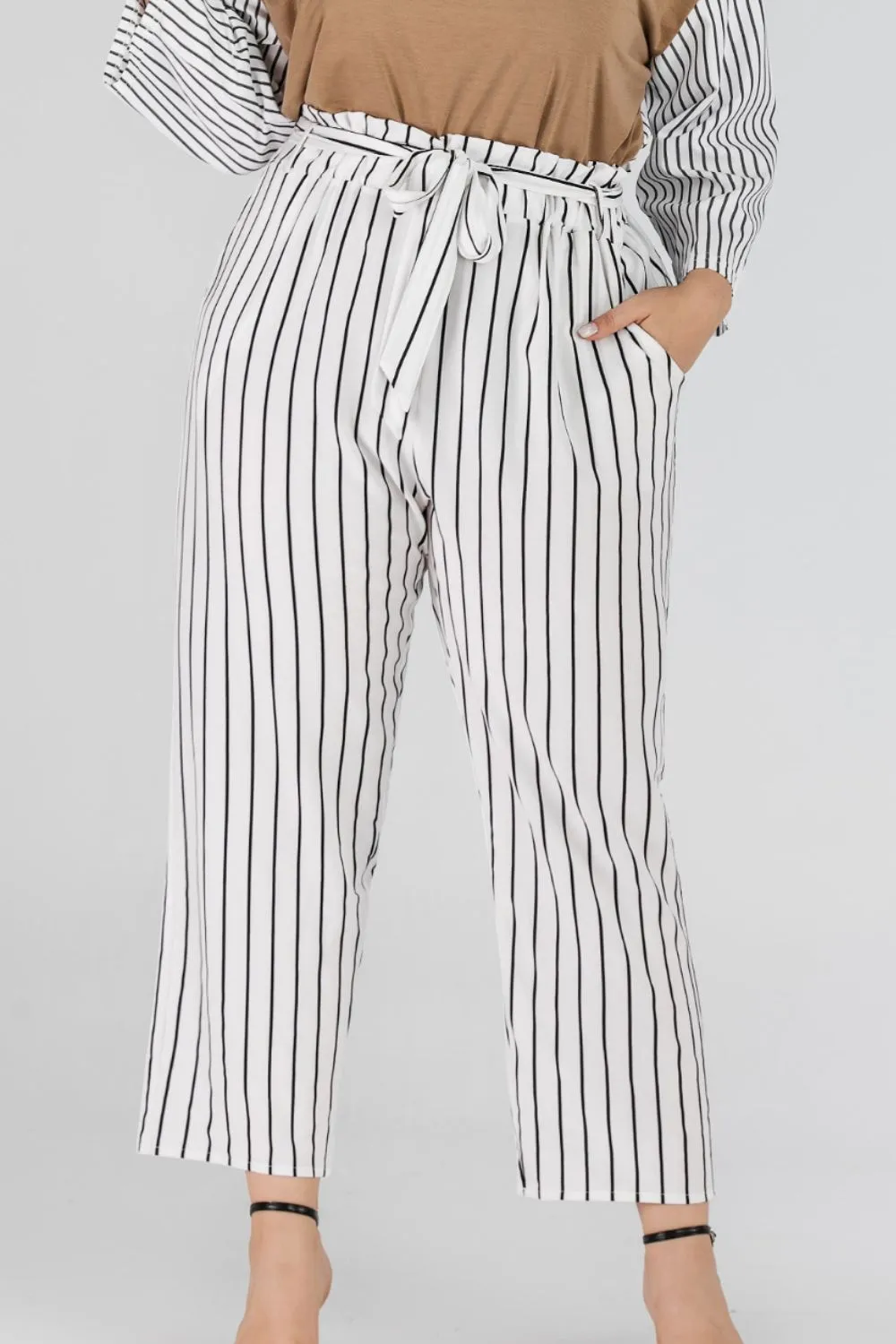 Striped Paperbag Waist Cropped Pants