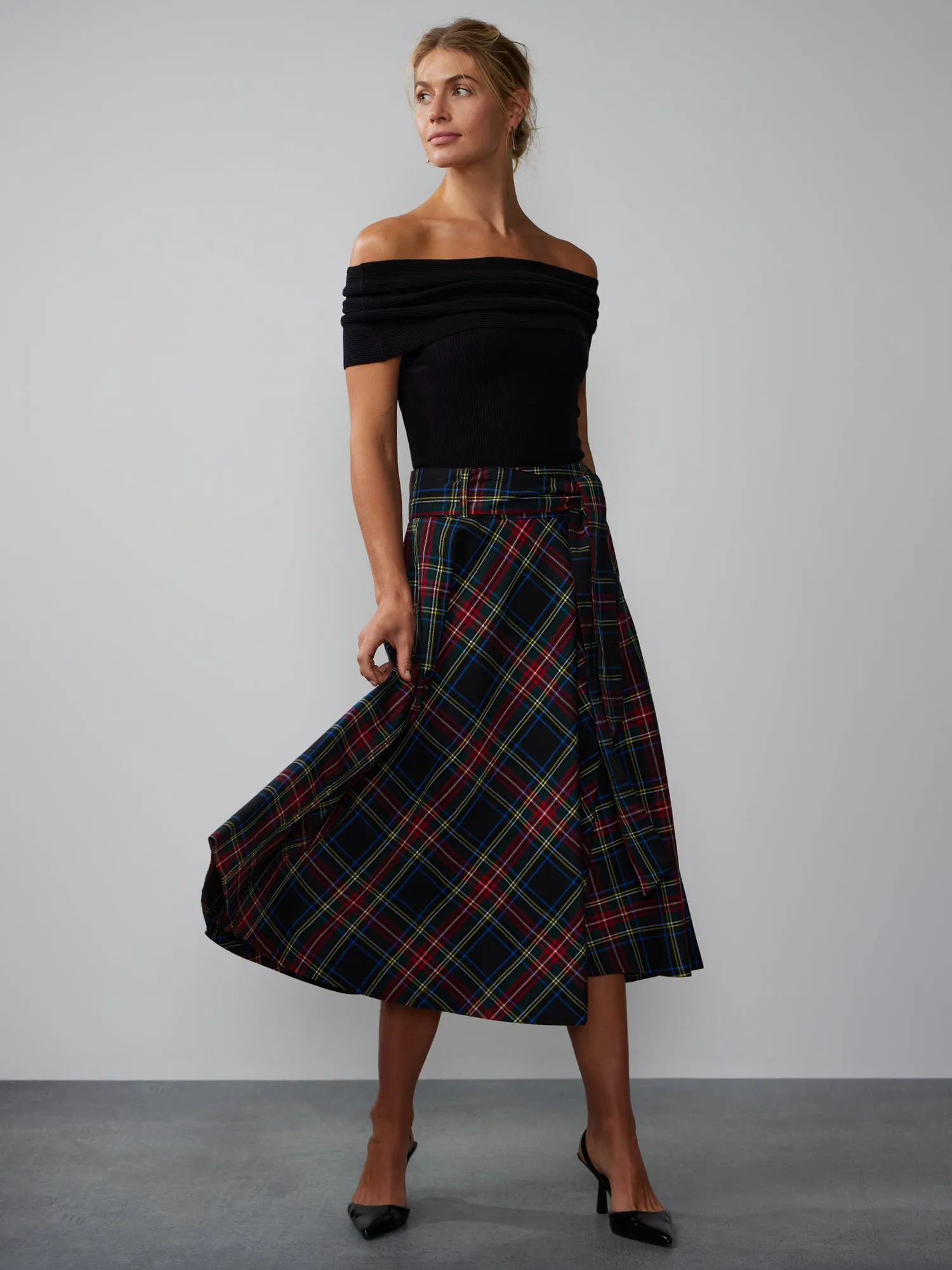 Tie Waist Plaid Midi Skirt