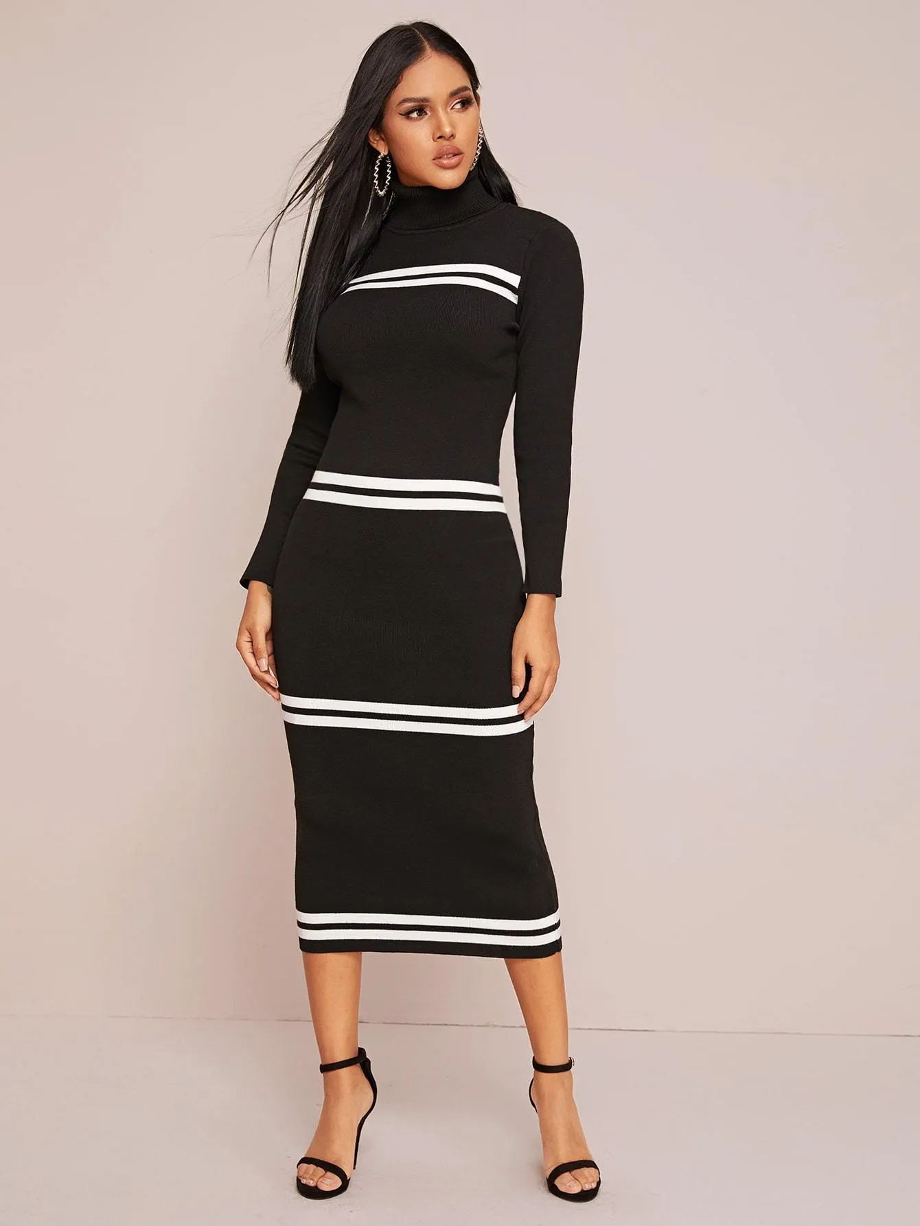 Turtleneck Striped Pencil Jumper Dress