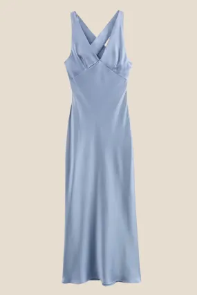 V-neck Blue Open Back Sheath Long Dress