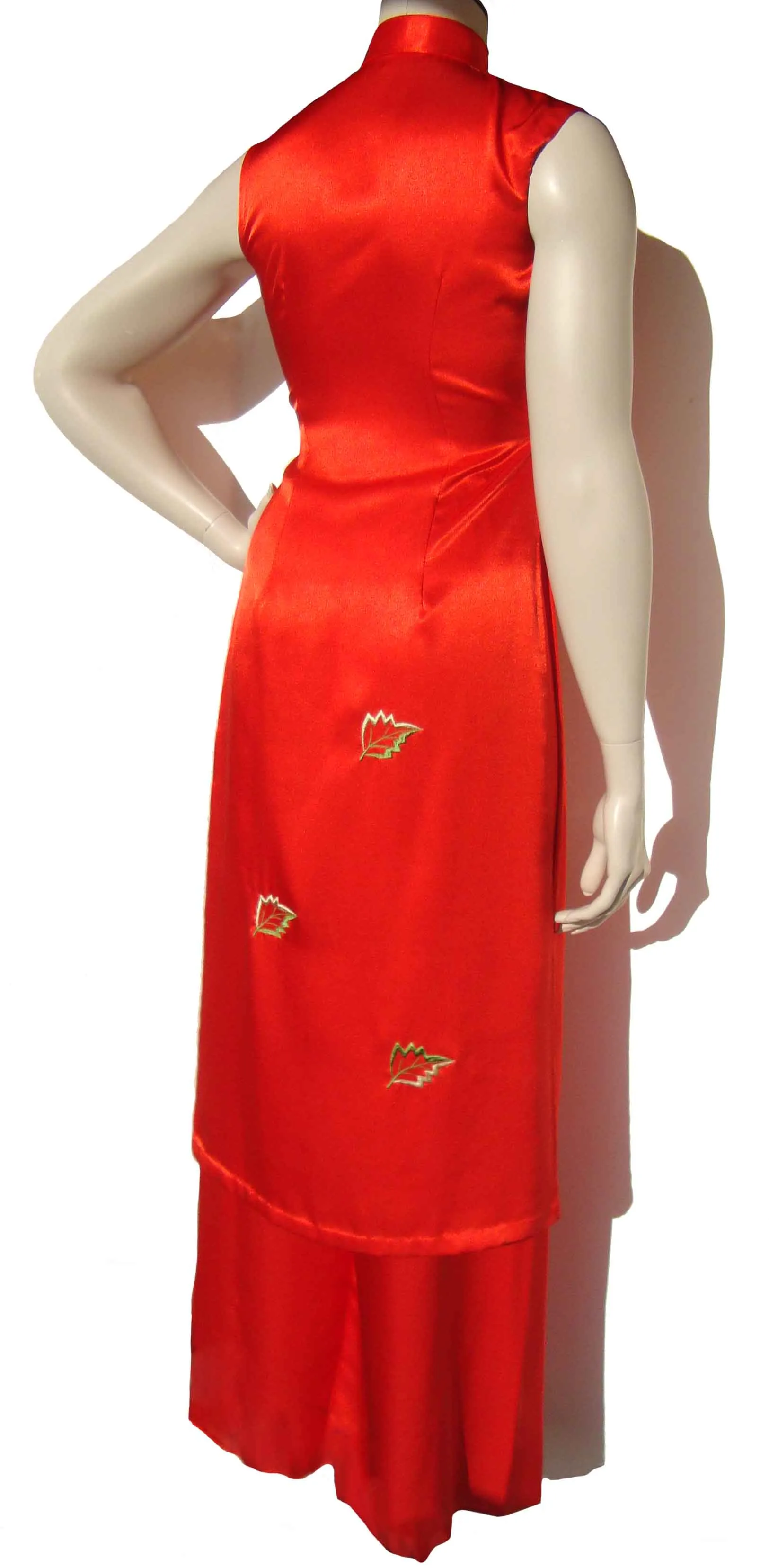 Vintage Red Silk Ao Dai Vietnamese Dress & Trousers Set S XS