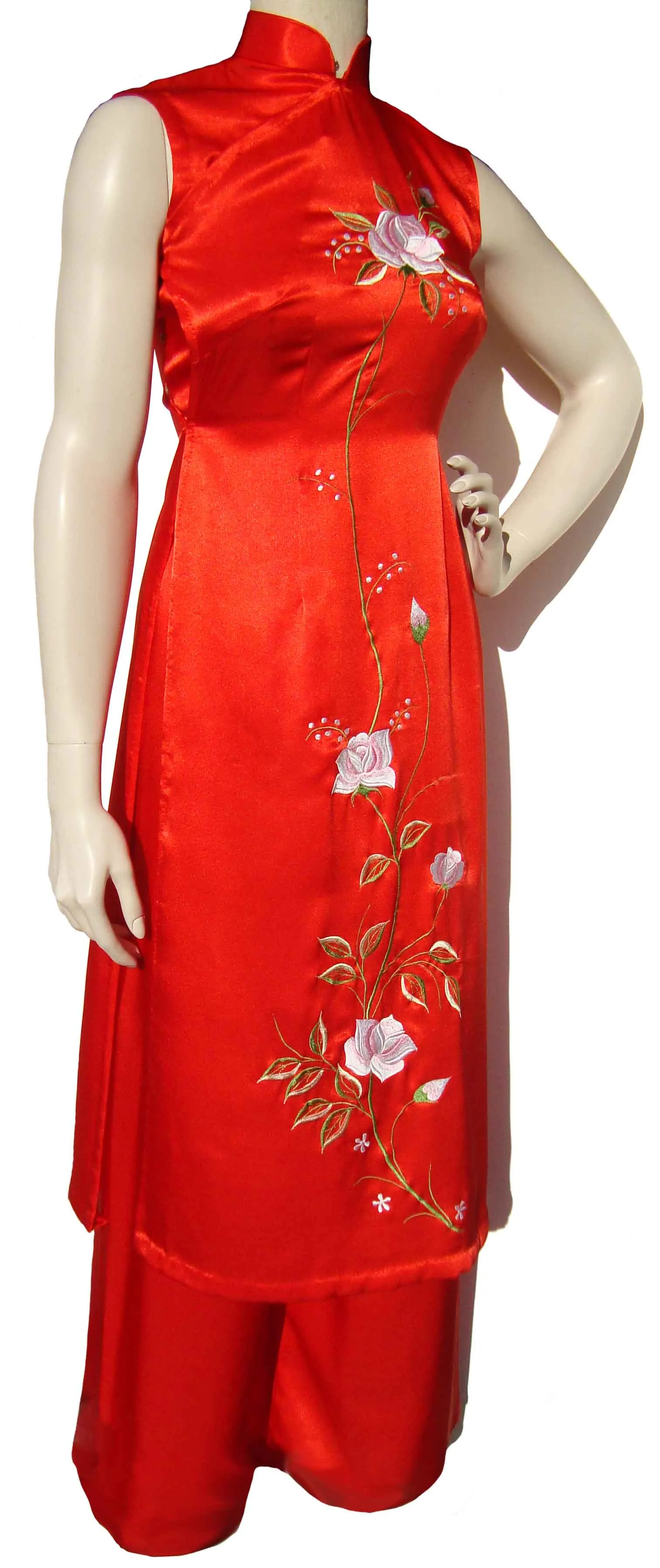 Vintage Red Silk Ao Dai Vietnamese Dress & Trousers Set S XS