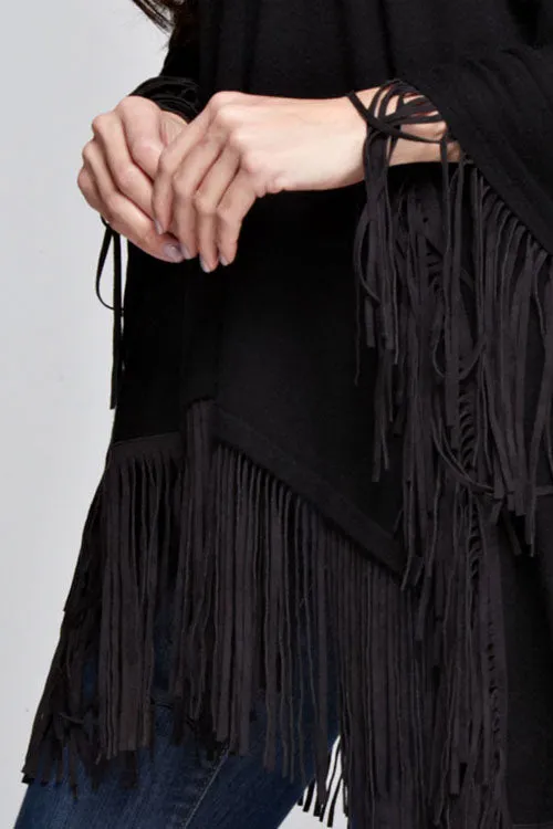 Western V Neck Suede Fringe Poncho