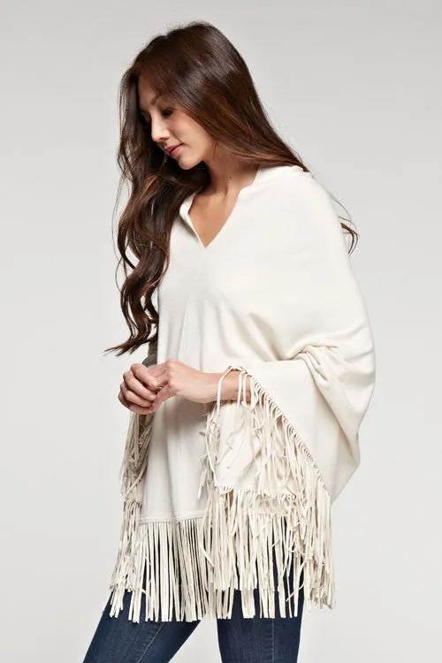 Western V Neck Suede Fringe Poncho