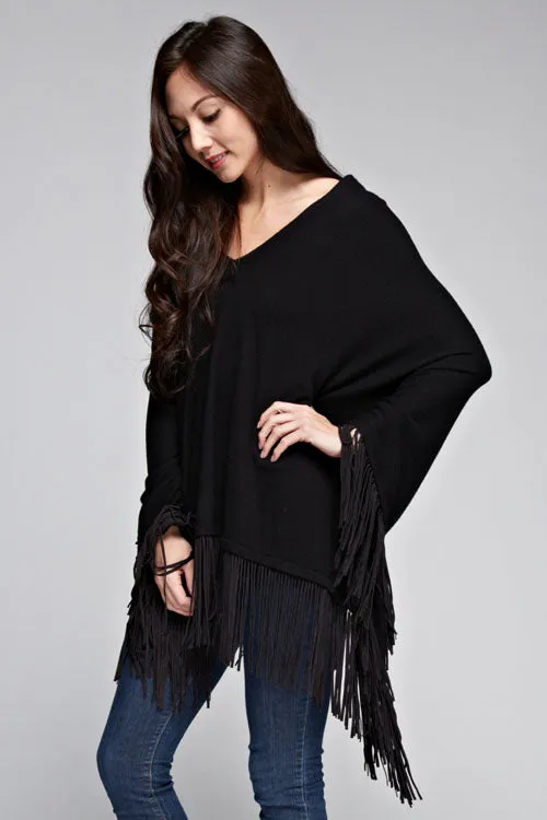 Western V Neck Suede Fringe Poncho